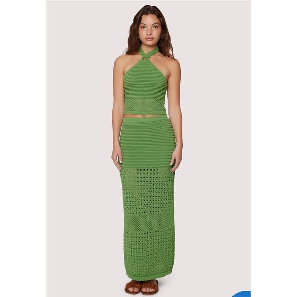 LOST & WONDER Olivia Top & Maxi Skirt Set GREEN Boho Crochet Knit size S NWT - Picture 2 of 7